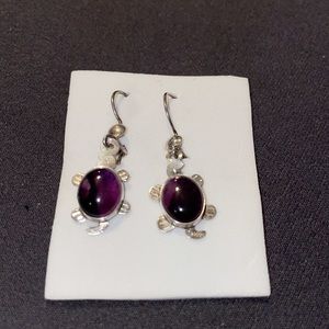 Sterling silver turtle drop earrings. Purple stone.